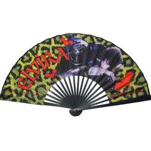 Elvira Leopard Fabric and Wood Hand Fan 16" Wide NWT